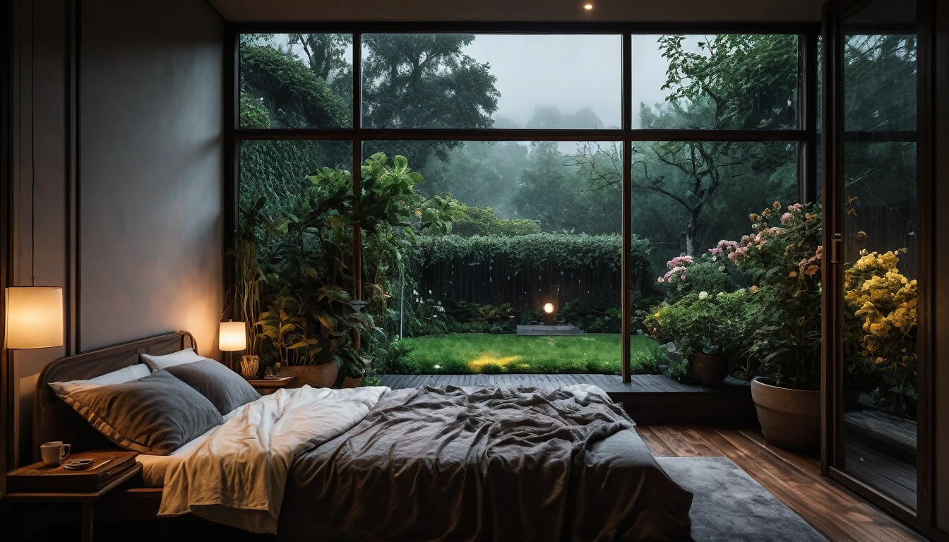 The picture shows a cozy gloomy bedroom, with a large window offering a view of a beautiful, dimly lit garden AND a garden soaked in FLOWERS, the cobblestones of the Japanese house concept. CINEMATIC, JAPANESE HOUSE, the shape of a Japanese house, and lots of flower gardens in the garden. The bed was unmade with rumpled sheets, indicating only a light sleep. the room is dark, gloomy, looks dim, gloomy. Beside the bed there is a small table with a classic lamp that radiates warm light into the room. Outside the window you can see the lush greenery of the terrace or balcony area, the rain is falling, the lamp on the left provides warm lighting, creating a calm and peaceful atmosphere. with fog obscuring part of the view in the distance. The contrast between the warmth indoors and the rain outdoors creates an inviting and calming atmosphere