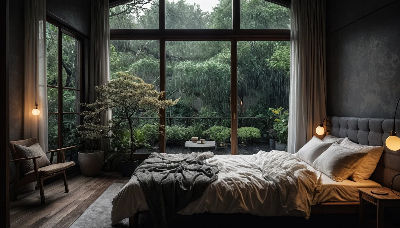 The picture shows a cozy gloomy bedroom, with a large window offering a view of a beautiful, dimly lit garden AND a garden soaked in FLOWERS, the cobblestones of the Japanese house concept. CINEMATIC, JAPANESE HOUSE, the shape of a Japanese house, and lots of flower gardens in the garden. The bed was unmade with rumpled sheets, indicating only a light sleep. the room is dark, gloomy, looks dim, gloomy. Beside the bed there is a small table with a classic lamp that radiates warm light into the room. Outside the window you can see the lush greenery of the terrace or balcony area, the rain is falling, the lamp on the left provides warm lighting, creating a calm and peaceful atmosphere. with fog obscuring part of the view in the distance. The contrast between the warmth indoors and the rain outdoors creates an inviting and calming atmosphere