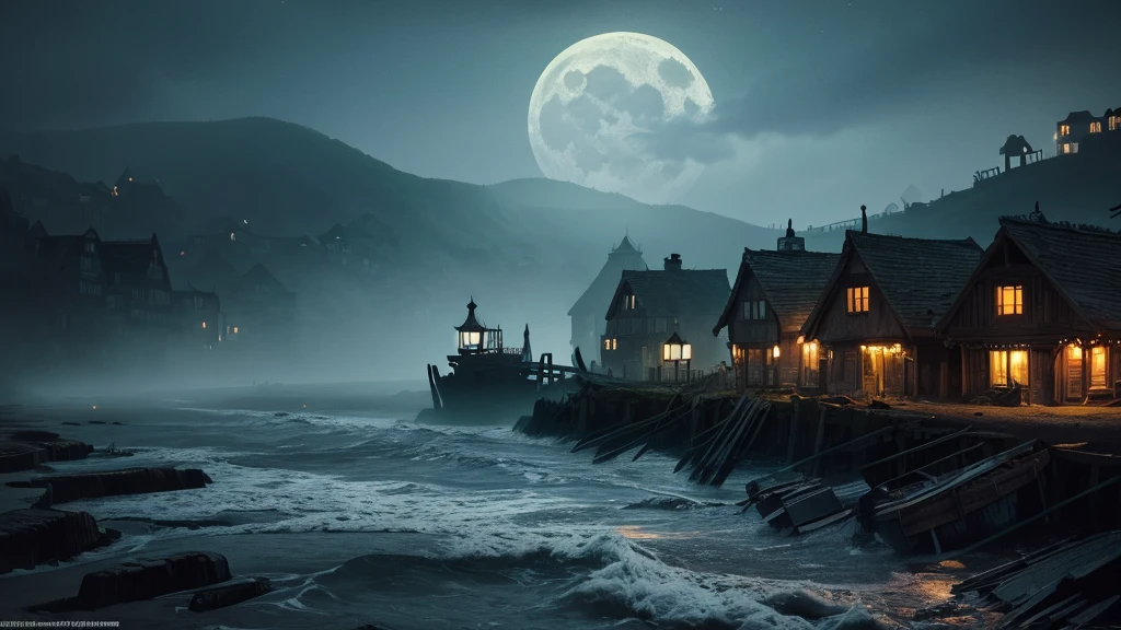 digital painting, dark seaside village at night, mysterious and terrifying atmosphere, moonlit sky, thick fog, old and decaying cottages, narrow cobblestone streets, dark and crashing waves, eerie glow from windows, and gnarled trees, abandoned boats, flickering lanterns, ominous shadows, spectral figures, otherworldly light, haunted ambiance, desolate shoreline, high contrast lighting, deep shadows, dark and muted colors, (masterpiece: 2), best quality, ultra highres, original, extremely detailed, perfect lighting