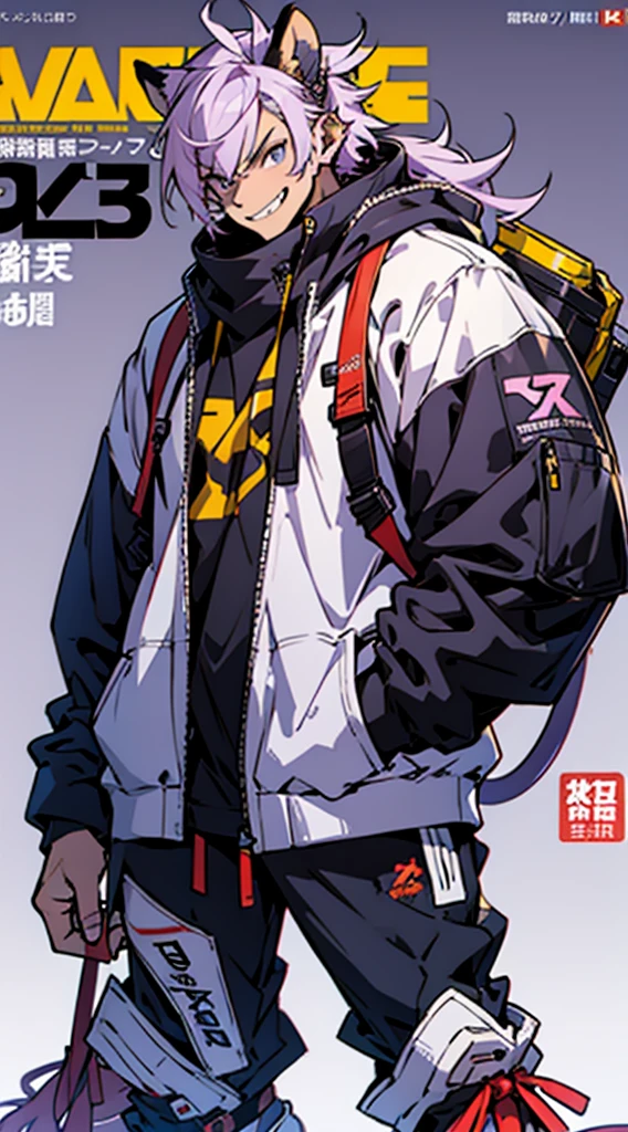 Magazine Cover, Punching pose, Big machine hands, whole body, Jump up, A light purple monkey-themed character, サイバーパンク, Wearing big sneakers, skin fang, Simple Background, boy, ショートカット, crazy eyes, tsurime, grin, monkey ears, raised fist, projected inset, UHD, best quality, highres, 8k
