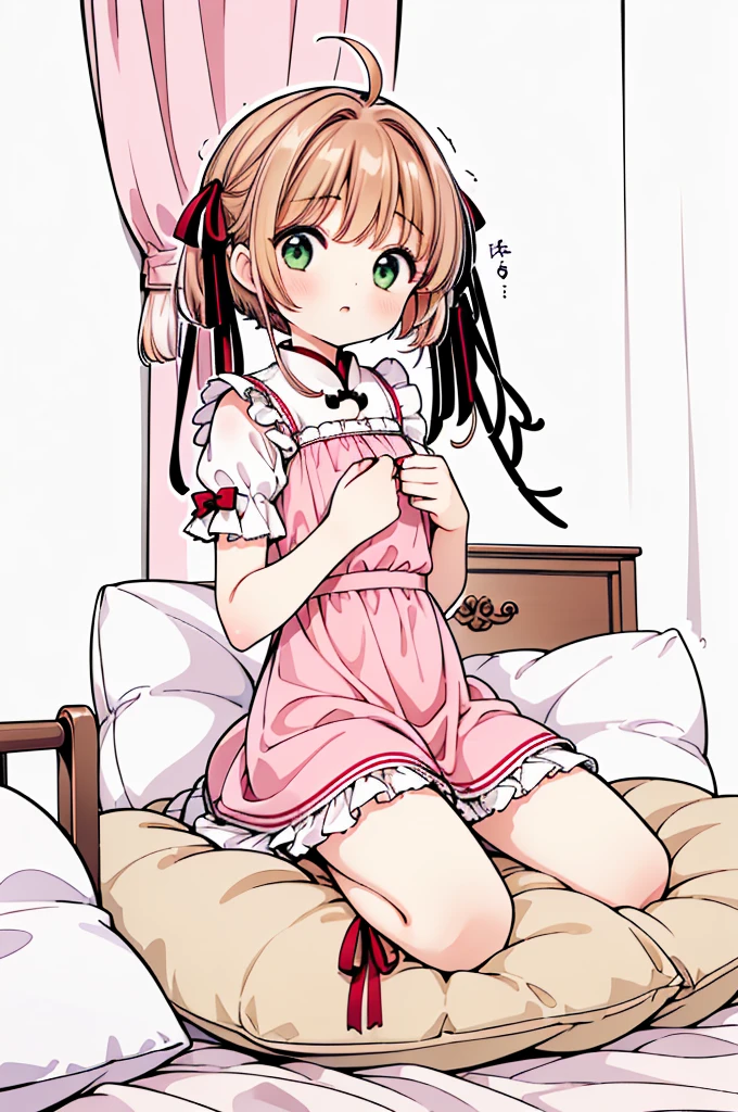 (masterpiece,best quality,best quality, masterpiece),Mine, , , (适合任何Pillow背景的光影)), 穿着公主裙的可爱女孩在Pillow上摆姿势 ,,,(很多Pillow),Soft cushion,,,,很多Pillow,,,(Pillow),(A tail),,(充满细节的Pillow),(Around the protagonist),steam,,(Pillow),(palace),(palace殿卧室),(Pillow),柔软的Pillow,,(Classical European style bedroom ),(excited,shy person,Lack of expressiveness,),,, ((Maximum resolution)), artwork, ,,,(Interior of the palace),,(Deluxe Rococo Canopy King Bed),Luxurious curtains with ornate ruffles and ribbons hang around the large bed.,((((床上堆满了许多Pillow)))),Quilt details,Detailed bed linen,Ruffled Bed Skirt,Deep Bed,Background with depth,((详细的Pillow)), ((((大量的Pillow)))),,,详细的软Pillow,,((女孩正躺在许多柔软的Pillow上,周围有许多Pillow)),。Many small feathers fluttering、 Long nightgown with ruffles and ribbons、In a huge, Large canopy bed、Soft pink sheets and quilt、色彩鲜艳的柔软Pillow、很多带褶边的Pillow和带褶边的床裙、Soft toned bed、Ruffled curtains around the bed.。Delicate face。Background with depth,Sakura Kinomoto,(Sakura Kinomoto, 1 Girl, Brown hair, short hair, Antenna hair, , Green Eyes),pillow hump,hump