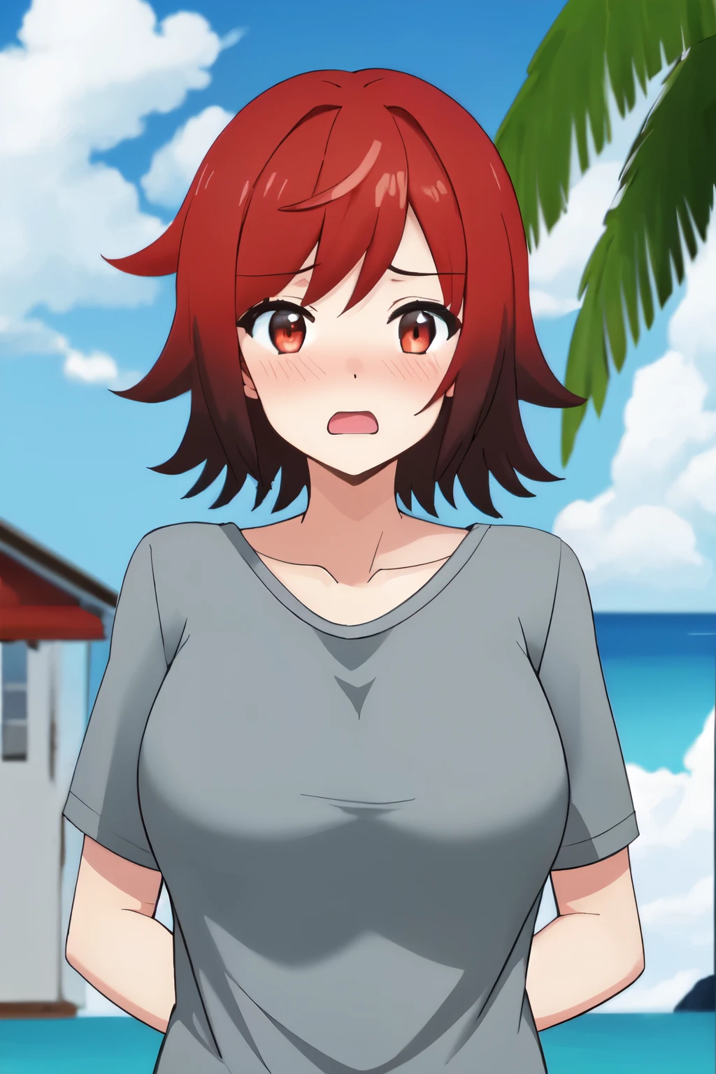 retto_enjou_girl, 1girl, red hair, solo, short hair, red eyes, ,, embarrassed, blush, wavy open mouth, upper body,,beach,gigantic breasts, oversized gray Tshirt, sea,sky,cloud,
 