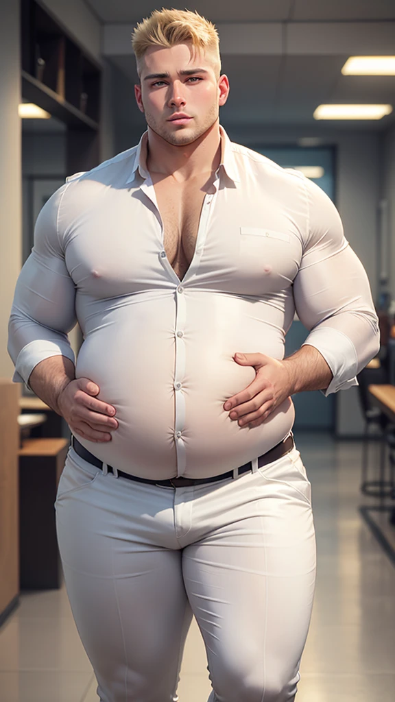 Tall, strikingly handsome, 25 years old, hunky overweight young male pilot, blond fade haircut, chiseled masculine hunk face, chubby body and huge fat pregnant like belly, wearing uniform formal shirt and skintight white pants