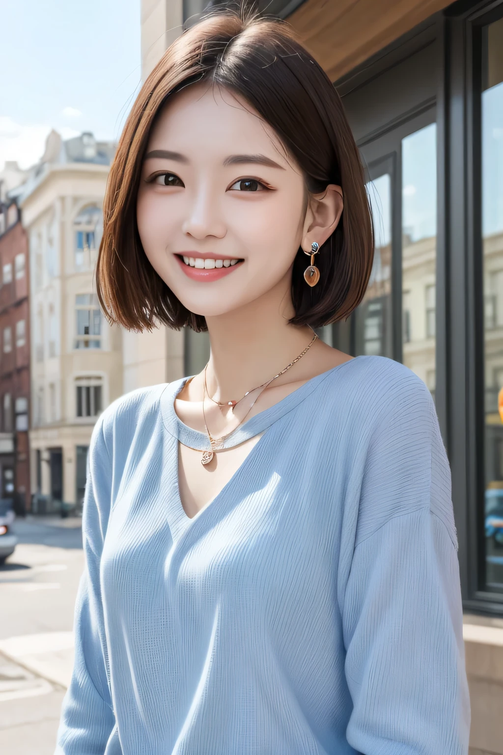 Highest quality, ,smile、Beautiful teeth alignment、Light brown hair、Short Haircut、Long sleeve blouse、ear piercing、necklace, , Face Focus、The background is the building&#39;s corridor.