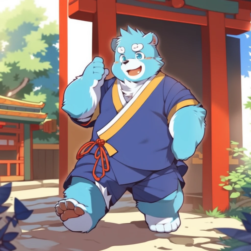 (by zixiong:1.1),(by takemoto arashi),(kemono:1.2),furry,shiquanhao,blue bear,1boy,blue fur,open mouth,animal ears,blue eyes,japanese clothes,bear ears,blue hair,fat,bear boy,(masterpiece),(very detailed),(best quality),alone,(detailed background:1.2),(smile:1.1),(detailed eye:1.2),chinese room,