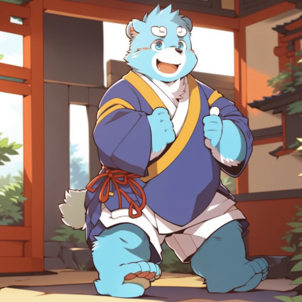 (by zixiong:1.1),(by takemoto arashi),(kemono:1.2),furry,shiquanhao,blue bear,1boy,blue fur,open mouth,animal ears,blue eyes,japanese clothes,bear ears,blue hair,fat,bear boy,(masterpiece),(very detailed),(best quality),alone,(detailed background:1.2),(smile:1.1),(detailed eye:1.2),chinese room,