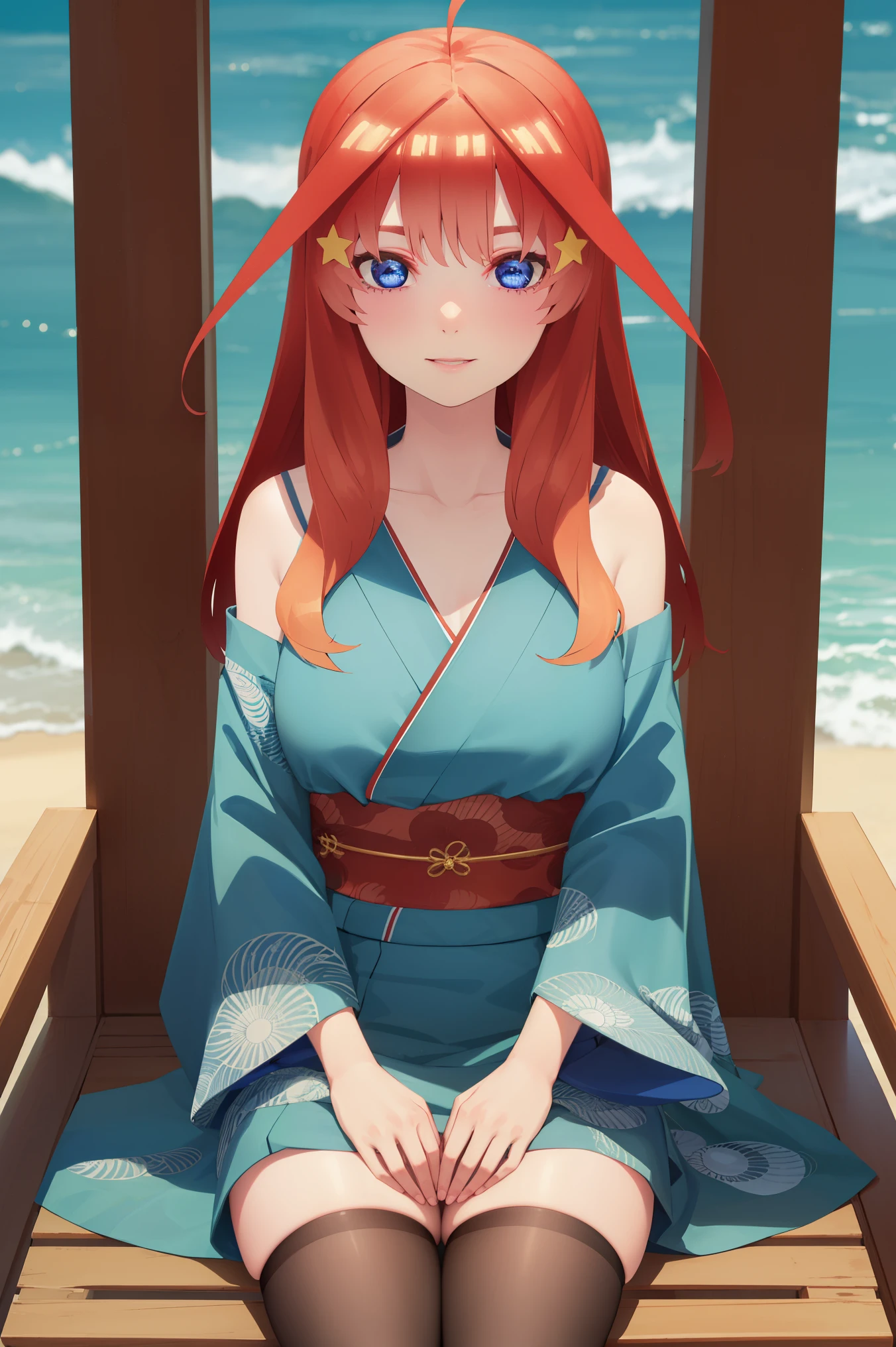 [itsuki nakano, bangs, blue eyes, hair between eyes, ahoge, red hair, star \(symbol\), hair ornament, star hair ornament,], 1girl, anime girl, anime, girl, 2d girl, 16y,
BREAK ((bare shoulders, blue kimono, blue ribbon, blue thighhighs, collarbone, detached sleeves, japanese clothes, kimono, thighhighs))), 
BREAK fishnet, big breasts, sitting, beach, beach chair, looking at you, sunglasses, smile, holding beverage,
BREAK (art: 1.2), best quality, high resolution, 8k unitary, (illustration: 0.8), (beautiful detailed eyes: 1.6), extremely detailed face, perfect lighting, extremely detailed in CG, (perfect hands, perfect anatomy),