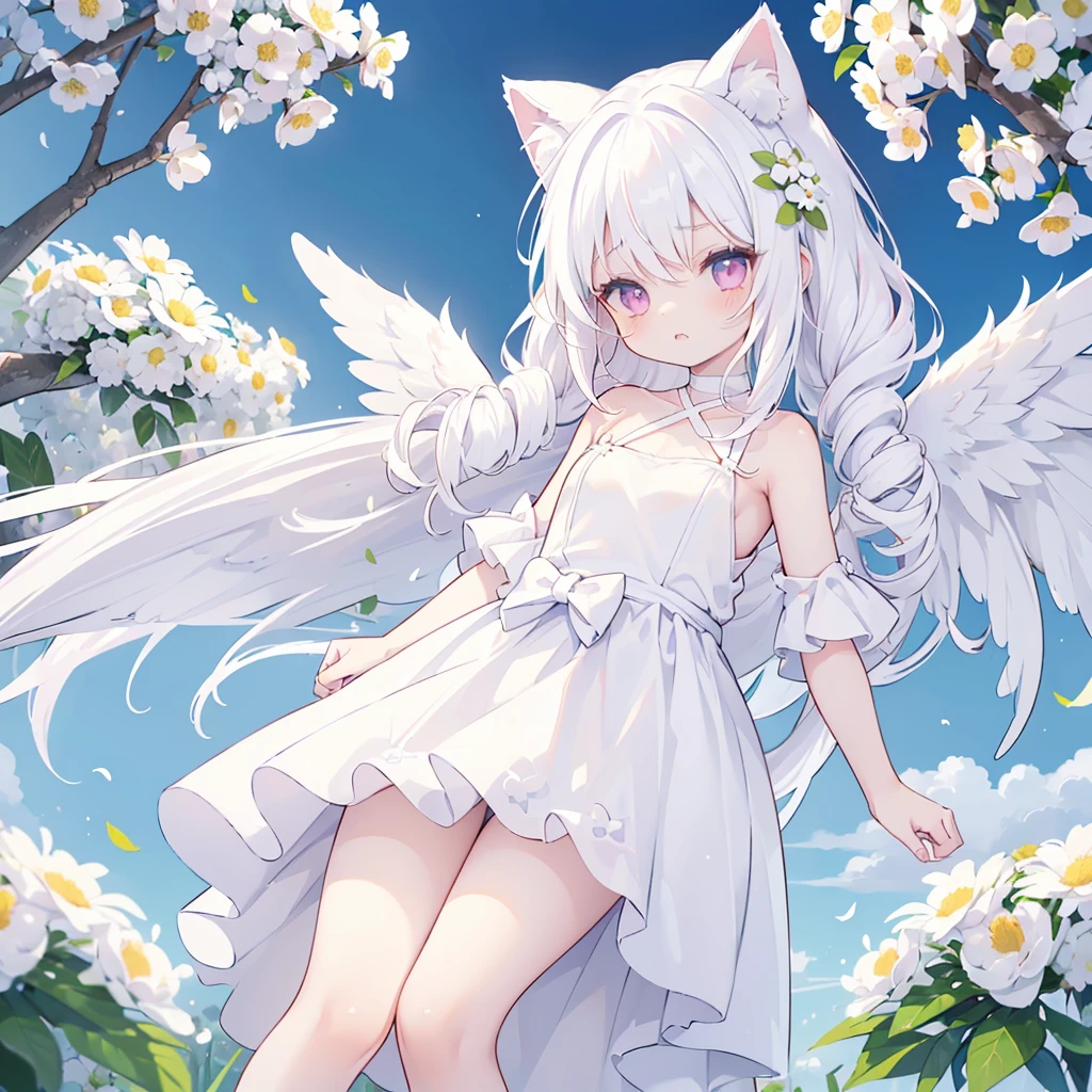 ((One girl)), (Standing diagonally facing forward:1.2), (Slightly bulging chest), (Slightly healthy tanned skin on face), (reddish-purple eyes, (mouth open with joy:1.2)
BREAK
(White cat ears:1.2), Inside the cat ears is paw-colored,
BREAK
(Pure white hair:1.6), (Softly curled pure white hair:1.6), (The hair under the cat ears behind the side hair flows forward and curls strongly on the collarbone:1.6), (Other hair is devided into several strands:1.6), (divided into several drill hair:1.6), (Hair weighs on her shoulders:1.6), (mideum length hair press down on her shoulders:1.6),
BREAK
(Pure white wings on upper body:1.2), (straight wings:1.3), (wings are small and short like a baby bird:2.0), 
BREAK
(simple dress made entirely of white:1.5), (dress with slightly exposed shoulders:1.1), (waist tied with string:1.3), (plenty of gathers below the waist:1.4), (dress reaches the knees:1.6), petticoat is white or absent,
BREAK
(wide green grassland:1.6), (lots of white flowers:1.6), (wide clear blue sky:1.4)