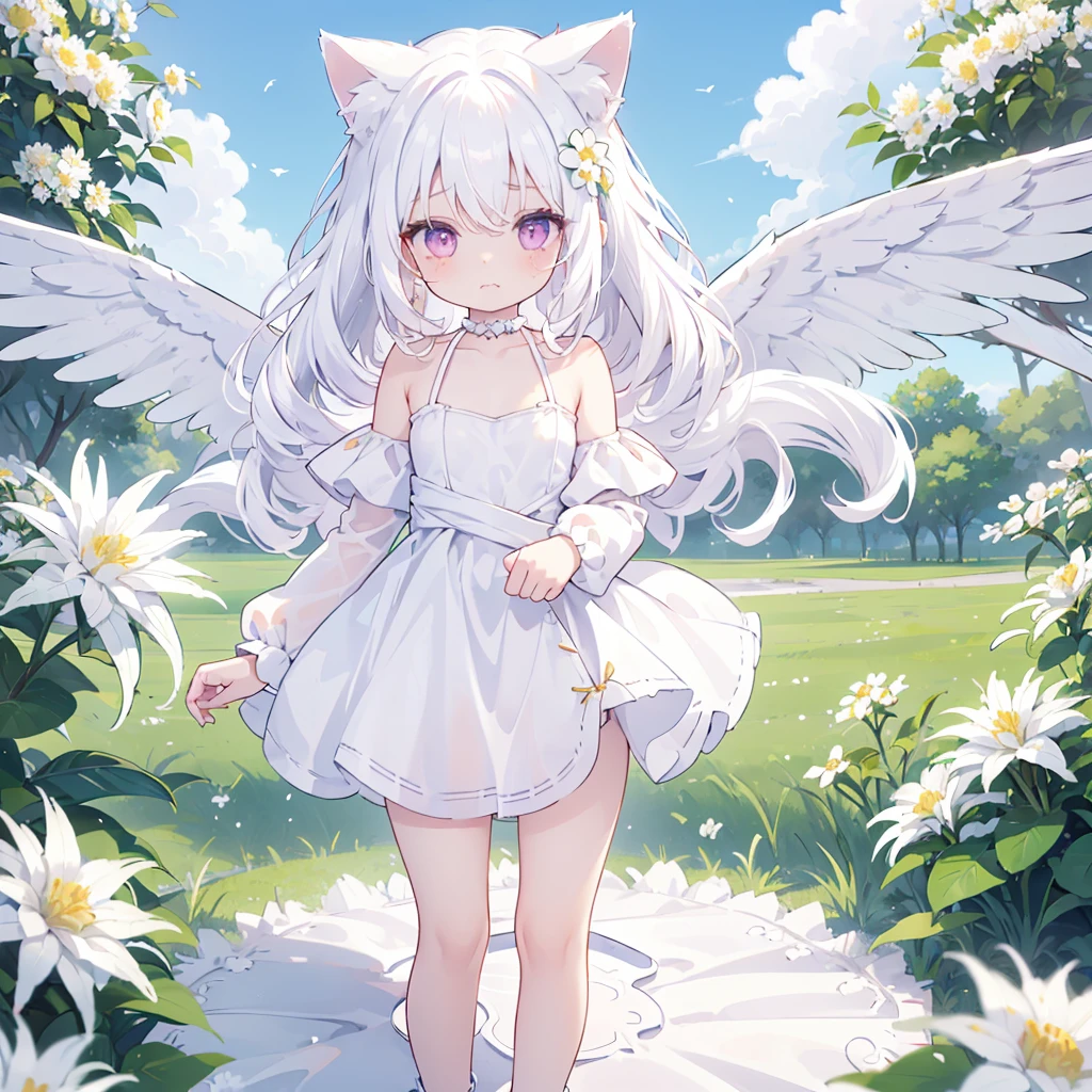 ((One girl)), (Standing diagonally facing forward:1.2), (Slightly bulging chest), (Slightly healthy tanned skin on face), (reddish-purple eyes, (mouth open with joy:1.2)
BREAK
(White cat ears:1.2), Inside the cat ears is paw-colored,
BREAK
(Pure white hair:1.6), (Softly curled pure white hair:1.6), (The hair under the cat ears behind the side hair flows forward and curls strongly on the collarbone:1.6), (Other hair is devided into several strands:1.6), (divided into several drill hair:1.6), (Hair weighs on her shoulders:1.6), (mideum length hair press down on her shoulders:1.6),
BREAK
(Pure white wings on upper body:1.2), (straight wings:1.3), (wings are small and short like a baby bird:2.0), 
BREAK
(simple dress made entirely of white:1.5), (dress with slightly exposed shoulders:1.1), (waist tied with string:1.3), (plenty of gathers below the waist:1.4), (dress reaches the knees:1.6), petticoat is white or absent,
BREAK
(wide green grassland:1.6), (lots of white flowers:1.6), (wide clear blue sky:1.4)