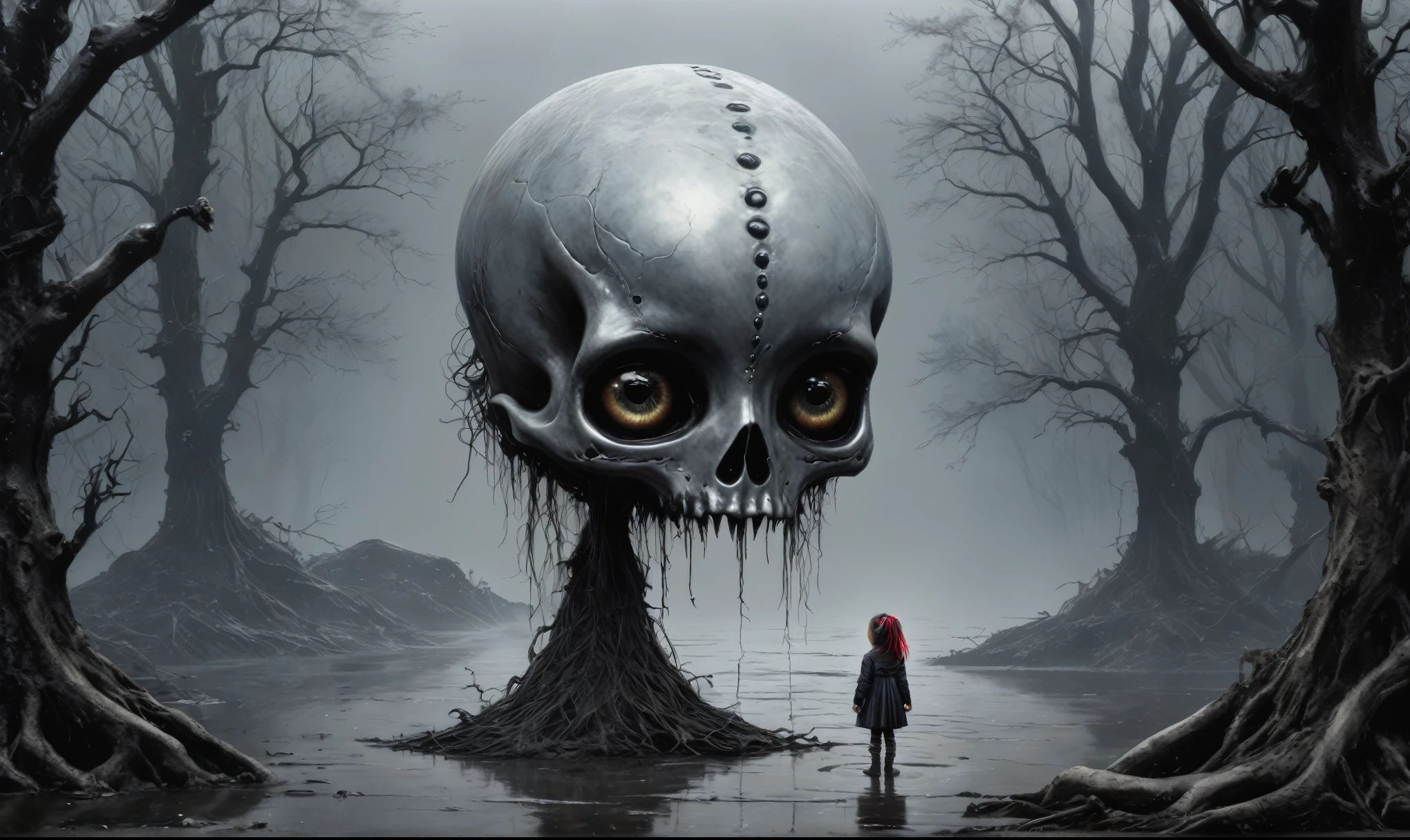 graphite baby witch,after a psychiatric clinic,winter,intricate landscape,slate grey atmosphere,glare eyes,film grain,dramatic light,woods,luminous eyes,extremely detailed, landscape,masterpiece,intricate details,faded,eyes extremely detailed,fish high detailed eyes,16k resolution,RAW, Nikon Z9,full-body-shot,Vview from height,full body length shot,vampire,babygirl,native african,once lovely face,jealous,another world,ring of truth,French Braid ,16k resolution,RAW, Nikon Z9, jimmy chin,view from height,babygirl,pretty face,eyebrow up,full body shot,ominous landscape,glate gray atmosphere,by art Simon Stalenhag,Nicola Samori,(((Wangechi Mutu))),prime colors,Lisa Frank,urban,extremely detailed, masterpiece,intricate details,fade,niobium lather,Spain,"(The best lighting, dark, dramatic),(alien almost skull fetus, Hellraiser, Scars, , terror.),(perl-white eyes, calaveras). morning light.