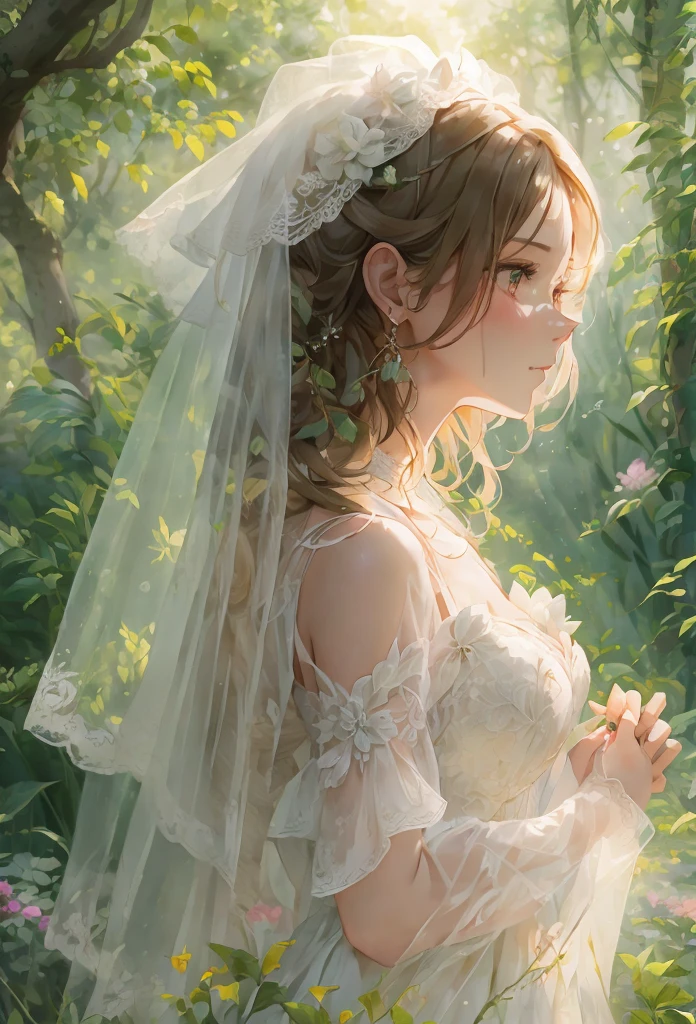 A woman in a wedding dress is standing in the garden, Gweiz-style artwork, guweiz on pixiv artstation, Beautiful anime portraits, Guweiz on ArtStation Pixiv, Detailed digital anime art, Reusch and Urop, Beautiful anime artwork, Detailed portrait of an anime girl, Beautiful and detailed anime art, Beautiful anime art