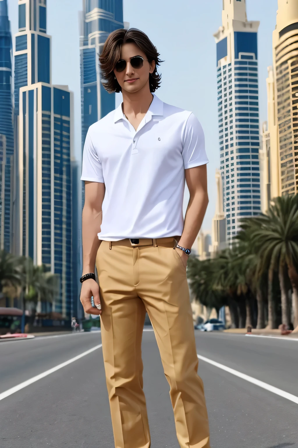 Age 25々Cool guy、What it's like to be a model、Chic and casual clothing、Delicate face、good looking、The hair color is brown、Brown eyes、Daytime on a sunny day、Cool standing figure、The scenery in the background is a cityscape、Live-action shooting style、high quality 8k、Bright smile、Like a model、Dubai'Beautiful cityscape、