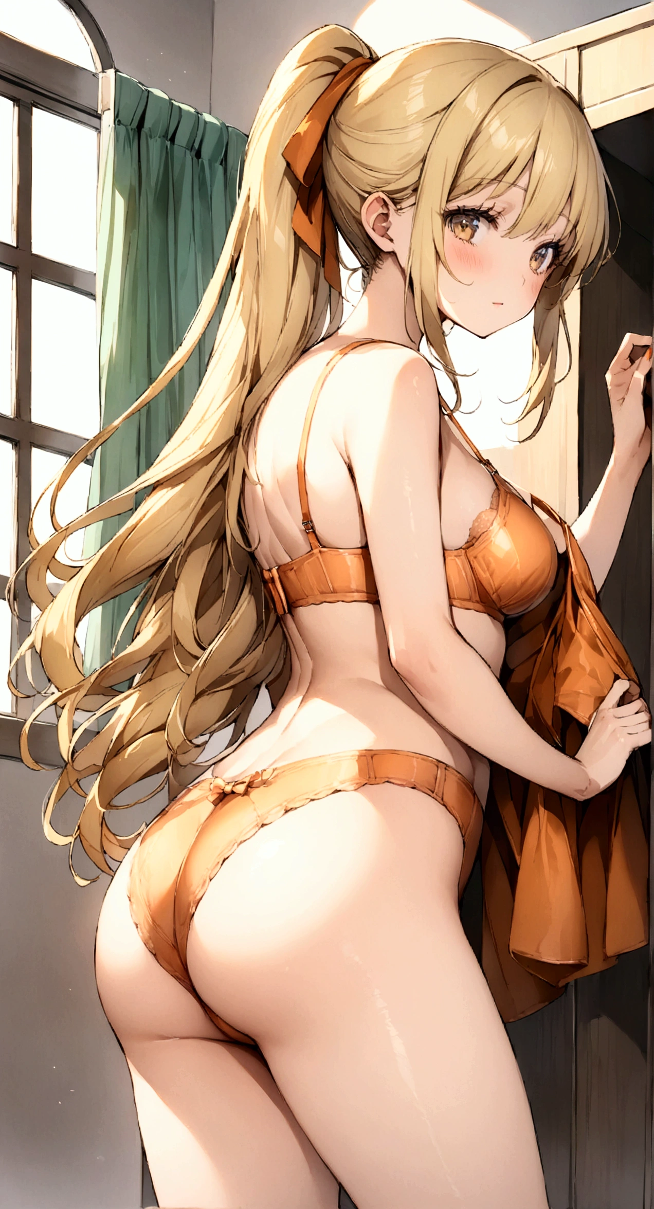 One Woman、locker room、Changing clothes、Reach for the hook of your bra、beautiful girl、Orange Bra、Orange Panties、Removing the hooks of the bra、Age 25、Long Hair, Highest quality, Thighs、Butt、ponytail、 Blonde、The curtains are closed