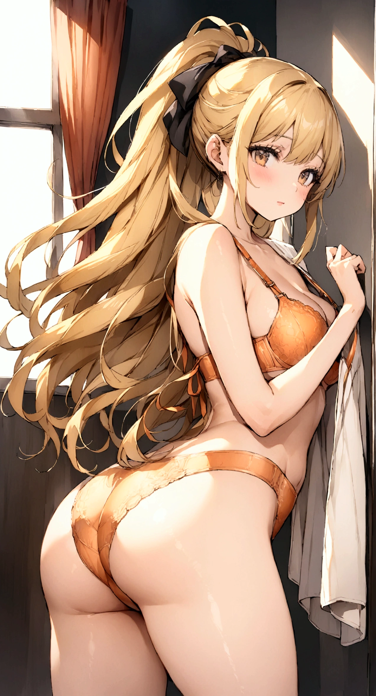 One Woman、locker room、Changing clothes、Reach for the hook of your bra、beautiful girl、Orange Bra、Orange Panties、Removing the hooks of the bra、Age 25、Long Hair, Highest quality, Thighs、Butt、ponytail、 Blonde、The curtains are closed