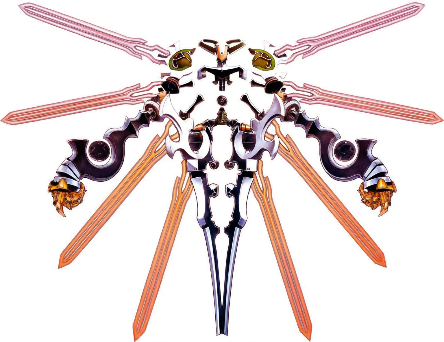 there are four swords and a dragon like head on a white background, symmetry!! concept art, inafune design, style of ghost blade, fractal cyborg ninja background, no more heroes concept art, chrono trigger guilty gear style, sword design, dual swords, anime robotic mixed with organic, multiple floating swords, mecha wings, symmetric concept art