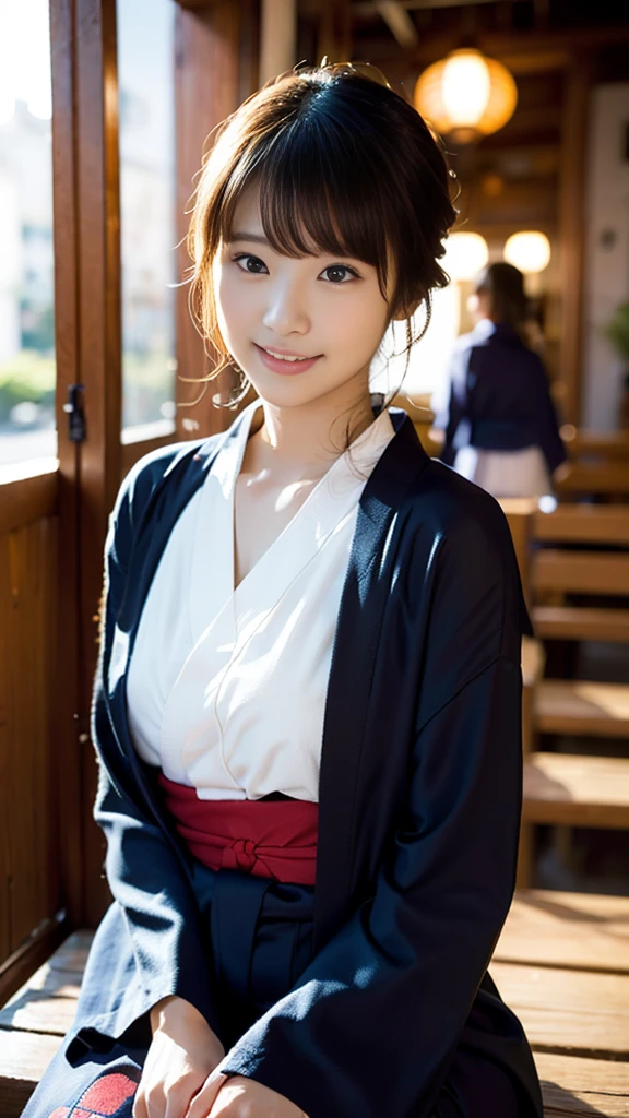 masterpiece, Highest quality，16K, Ultra-high resolution，The light and shadow of reality，Cinema Lenses，((Very skinny)),((Her waist is so slim and beautiful)),((High nose、Small Mouth)),((Clean and slim face line)),((Big dark eyes with long eyelashes)),((Very small face))((Very slim and beautiful arms)),((She is very slim and has a great figure)),((Pure white beautiful skin)),((Cute Japanese Girls)),(((Wearing a red long-sleeved yukata))),((Sitting on a bench in a stylish cafe)),（Sexy pose),(Beautiful Eyes:1.1)，Reflecting clear eyes and a gentle smile,