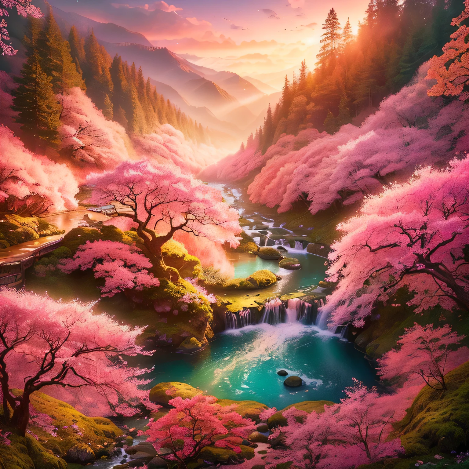 a photo of a river running through a lush green forest, magical landscape, cherry blossom forest, dream scenery art, dreamy landscape, pink landscape, pink waterfalls, beautiful dreamy landscape, lost in a dreamy fairy landscape,, made of tree and fantasy valley, magical colors and atmosphere, beautiful art uhd 4 k, lush japanese landscape
