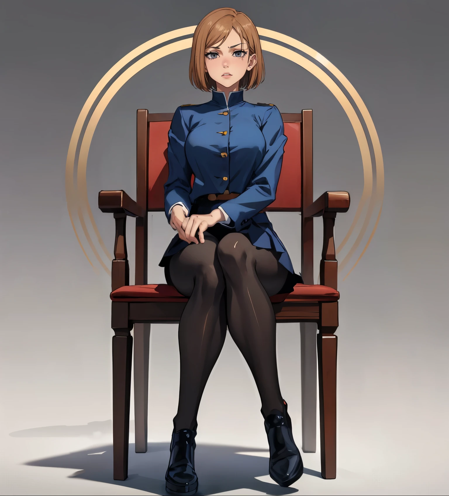 (masterpiece:1.2, best quality:1.2, beautiful, high quality, highres:1.1), 1girl, detailed, short hair, short brown hair, short brown hair, full body, sitting on a chair, admiring viewer, posing, extremely detailed 4K, perfect eyes, perfect face, dark blue skirt, black leggings, black tight pants, brown boots, jujutsu kaisen, uniform, dark clothes only, 1girl , circle arms, serious gaze, ready for battle, jujutsu uniform, full uniform,dark blue clothes, dark clothes, fully clothed, showing body, upper body, combat face, brown shiny eyes, brown colored eyes, full body view, portrait, posinf hands, calm face, happy attitude, posing, hands, arms, side bangs, short hair, scars on body, Nobara Kugisaki, perfect eyes dangerous, brown colored eyes, exotica, Nobara Kugisaki LoRA, blue shirt, jujutsu uniform, beautiful view, background, sleeves, beautiful face, perfect lighting, (1girl, solo, adult female, mature female), thin, lithe body, Nobara, light brown, (medium breasts), ((sensual seductive))