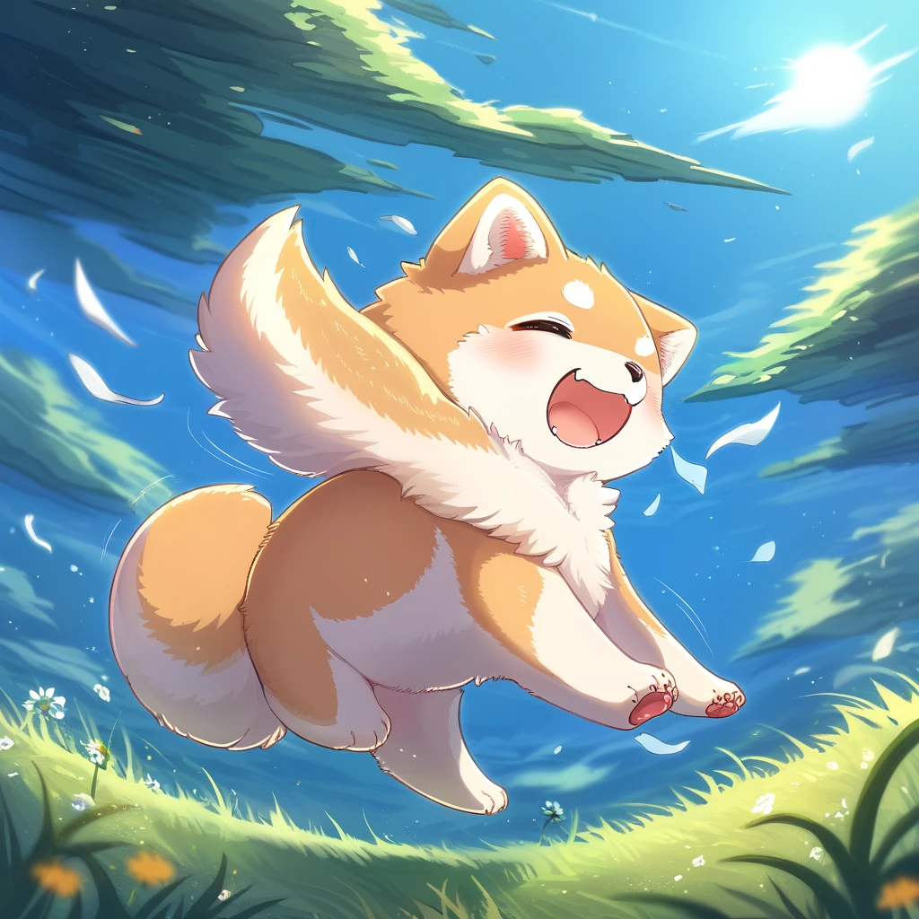 ((Masterpiece)), ((Best Quality)), (Very Detailed), ((Very Detailed)), 4K, (8K), very aesthetic, absurdres highres, 1 girl, (anthropomorphic shiba dog, furry, kemono:1.5), A sunny meadow with a blue sky. A dog is running as fast as it can in the vast grassland. The dog's body is completely stretched out, its front and back legs floating in the air, giving the impression that it is flying. In a single moment of cropping, the dog's fur fluttering in the wind and the grass swaying softly create an atmosphere of freedom and vibrancy.