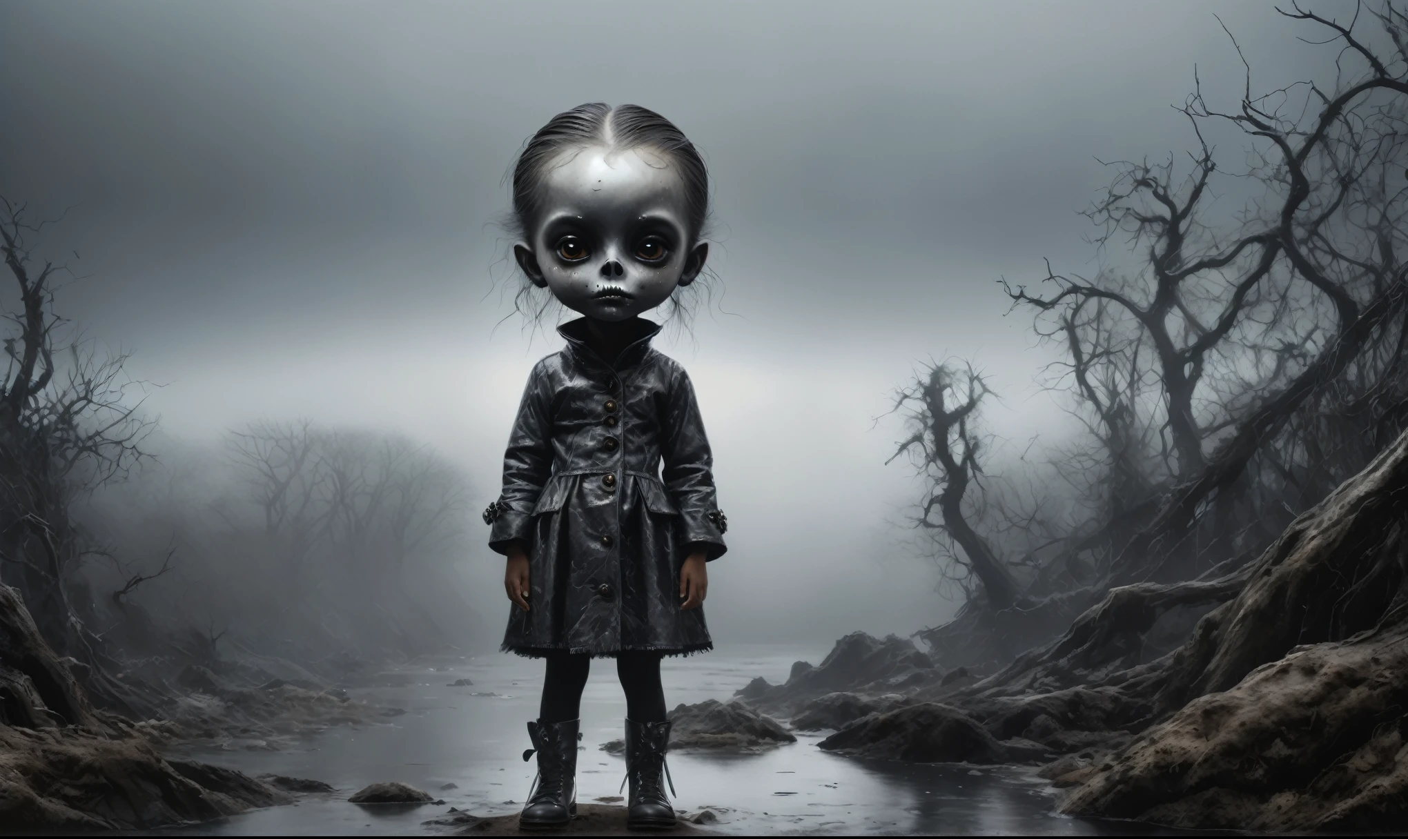 graphite baby witch,after a psychiatric clinic,winter,intricate landscape,slate grey atmosphere,glare eyes,film grain,dramatic light,woods,luminous eyes,extremely detailed, landscape,masterpiece,intricate details,faded,eyes extremely detailed,fish high detailed eyes,16k resolution,RAW, Nikon Z9,full-body-shot,Vview from height,full body length shot,vampire,babygirl,native african,once lovely face,jealous,another world,ring of truth,French Braid ,16k resolution,RAW, Nikon Z9, jimmy chin,view from height,babygirl,pretty face,eyebrow up,full body shot,ominous landscape,glate gray atmosphere,by art Simon Stalenhag,Nicola Samori,(((Wangechi Mutu))),prime colors,Lisa Frank,urban,extremely detailed, masterpiece,intricate details,fade,niobium lather,Spain,"(The best lighting, dark, dramatic),(alien almost skull fetus, Hellraiser, Scars, , terror.),(perl-white eyes, calaveras). morning light.
