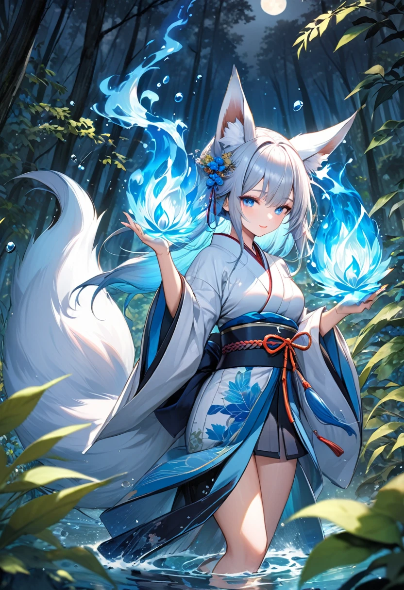Masterpiece, Extremely detailed, beautiful, perfect face e, close distance shot, (A beautiful kitsune woman peering through the leaves in a dense forest) , {she is surrounded by motes of blue fire}, facing viewer, (dynamic pose) , fox ears, nine fox tails, traditional Japanese clothing. Japanese sandels, ((vegetation in the forground, water droplets on leaves, subject partially obscured by vegetation)) , ((moonlit night))