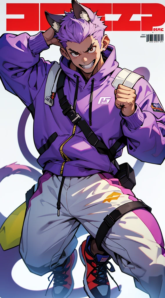 Magazine Cover, Punching pose, Big machine hands, whole body, Jump up, A light purple monkey-themed character, サイバーパンク, Wearing big sneakers, skin fang, Simple Background, boy, ショートカット, crazy eyes, tsurime, grin, monkey ears, raised fist, projected inset, UHD, best quality, highres, 8k