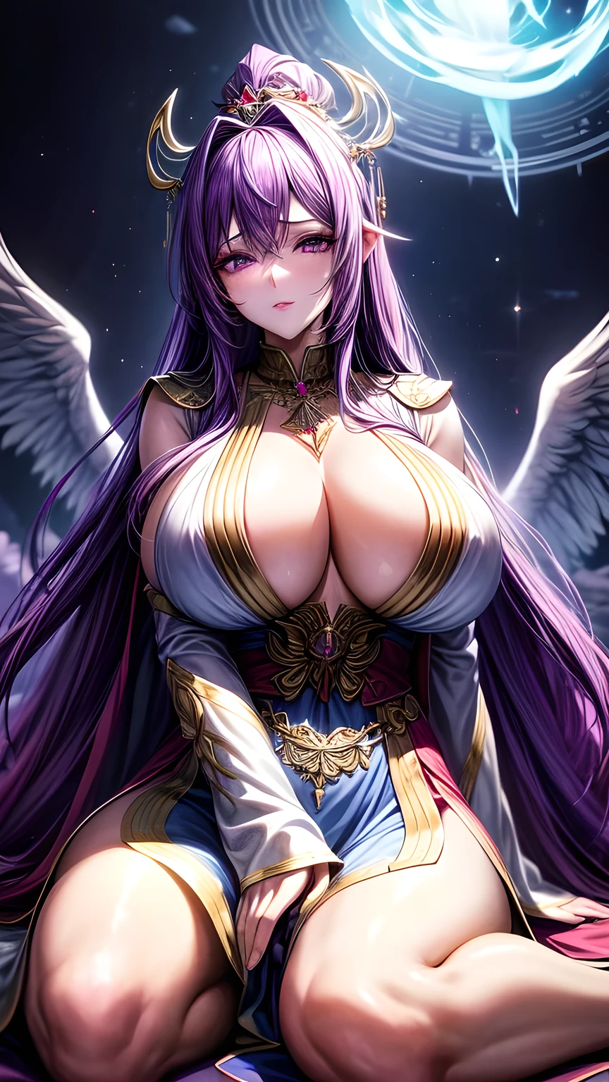 Immortal Goddess, Super cute, 8K, Super big breasts, meditation, Light white cloth covering part of the body, Sit cross-legged, círculo magic dourado brilhante girando atrás dela, magic violet aura surrounding her parts, magic, fantasy, Galaxy Background, (4 Elements, fire, water, wind, Earth, surrounding him),