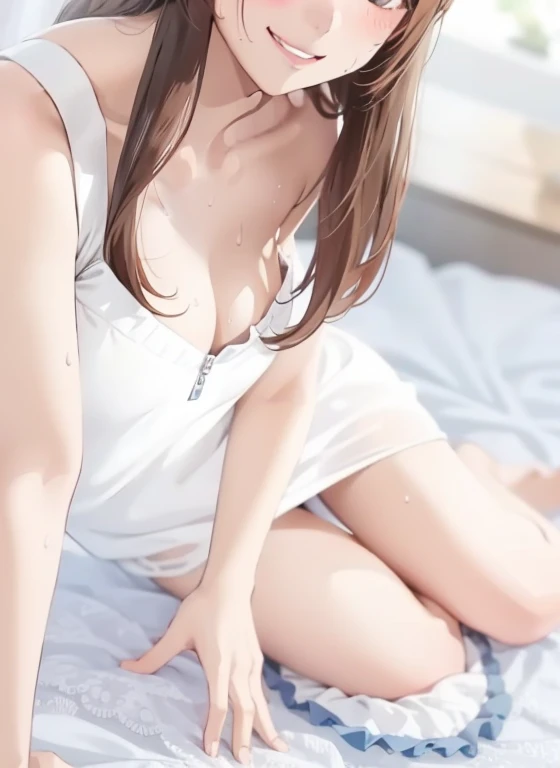 girl, Sweat, vapor, Center of chest, shy, Great hands, Looking at the audience, Cute Smile