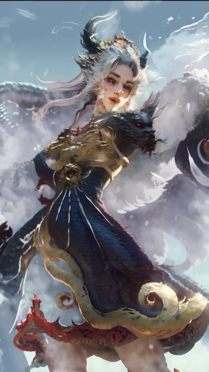 Dragon_Real, Flame Long dragon, Chinese dragon, paws, serpentine body, sharp eyes, ((best quality)), ((masterpiece)), ((realistic)), ((18-year-old girl in Chinese clothes, flowing hair adorned with a beautiful hair ornament, standing amidst flying flower petals with a majestic dragon wrapped around her)), Haircut model by Choppy layers, possed is Standing in the doorway pose, sharp grey-blue,  shooting angle is Bird's-eye view,
Be mesmerized by the enchanting sight of an 18-year-old girl donned in elegant Chinese attire, her flowing hair gracefully embellished with a captivating hair ornament. As flower petals sway in the wind around her, a majestic dragon wraps its serpentine body around her, creating a scene of mythical allure. Immersed in the deepest jungle river of a rainforest village, the lush greenery and vibrant flora surround them. Runes adorn the landscape, imbuing an air of ancient mysticism. The duo stands atop a mist-covered mountain, where snow-capped peaks reach for the sky. Soft light illuminates the girl's face, casting gentle shadows and capturing her ethereal beauty. Bokeh and distant neon lights add a touch of magic from afar, creating a dreamlike ambiance. The blurry background further enhances the cinematic quality, drawing attention to the splendid and hyper-detailed composition. Prepare to be captivated by the seamless blend of natural elements and fantasy in this artistic masterpiece.