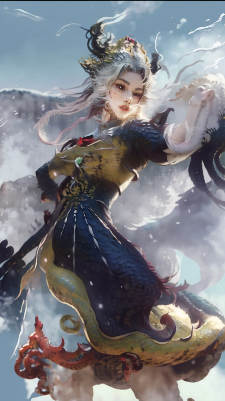 Dragon_Real, Flame Long dragon, Chinese dragon, paws, serpentine body, sharp eyes, ((best quality)), ((masterpiece)), ((realistic)), ((18-year-old girl in Chinese clothes, flowing hair adorned with a beautiful hair ornament, standing amidst flying flower petals with a majestic dragon wrapped around her)), Haircut model by Choppy layers, possed is Standing in the doorway pose, sharp grey-blue,  shooting angle is Bird's-eye view,
Be mesmerized by the enchanting sight of an 18-year-old girl donned in elegant Chinese attire, her flowing hair gracefully embellished with a captivating hair ornament. As flower petals sway in the wind around her, a majestic dragon wraps its serpentine body around her, creating a scene of mythical allure. Immersed in the deepest jungle river of a rainforest village, the lush greenery and vibrant flora surround them. Runes adorn the landscape, imbuing an air of ancient mysticism. The duo stands atop a mist-covered mountain, where snow-capped peaks reach for the sky. Soft light illuminates the girl's face, casting gentle shadows and capturing her ethereal beauty. Bokeh and distant neon lights add a touch of magic from afar, creating a dreamlike ambiance. The blurry background further enhances the cinematic quality, drawing attention to the splendid and hyper-detailed composition. Prepare to be captivated by the seamless blend of natural elements and fantasy in this artistic masterpiece.