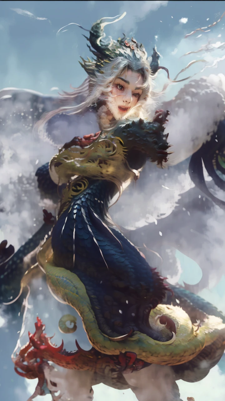 Dragon_Real, Flame Long dragon, Chinese dragon, paws, serpentine body, sharp eyes, ((best quality)), ((masterpiece)), ((realistic)), ((18-year-old girl in Chinese clothes, flowing hair adorned with a beautiful hair ornament, standing amidst flying flower petals with a majestic dragon wrapped around her)), Haircut model by Choppy layers, possed is Standing in the doorway pose, sharp grey-blue, shooting angle is Bird's-eye view,
Be mesmerized by the enchanting sight of an 18-year-old girl donned in elegant Chinese attire, her flowing hair gracefully embellished with a captivating hair ornament. As flower petals sway in the wind around her, a majestic dragon wraps its serpentine body around her, creating a scene of mythical allure. Immersed in the deepest jungle river of a rainforest village, the lush greenery and vibrant flora surround them. Runes adorn the landscape, imbuing an air of ancient mysticism. The duo stands atop a mist-covered mountain, where snow-capped peaks reach for the sky. Soft light illuminates the girl's face, casting gentle shadows and capturing her ethereal beauty. Bokeh and distant neon lights add a touch of magic from afar, creating a dreamlike ambiance. The blurry background further enhances the cinematic quality, drawing attention to the splendid and hyper-detailed composition. Prepare to be captivated by the seamless blend of natural elements and fantasy in this artistic masterpiece.