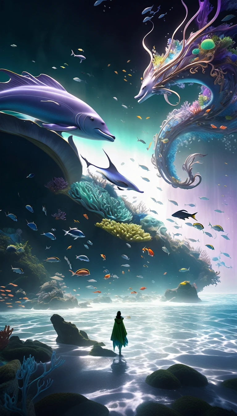 A captivating 3D digital masterwork of a fantastic aquatic world, in which an enormous ocean spirit, a kind of Neptune god with a vaporous body, dominates the scene. The spirit, covered in water and adorned with intricate details that enhance its ethereal figure, exudes mysticism, capturing the attention of a seductive full-length elf with wavy hair and elf ears. The two figures are surrounded by a lush, vibrant environment filled with sea creatures of various sizes and a dreamlike, otherworldly atmosphere. The vivid colors of green, blue and purple create an enchanting and surreal underwater environment., cinematic, painting, dark fantasy, conceptual art