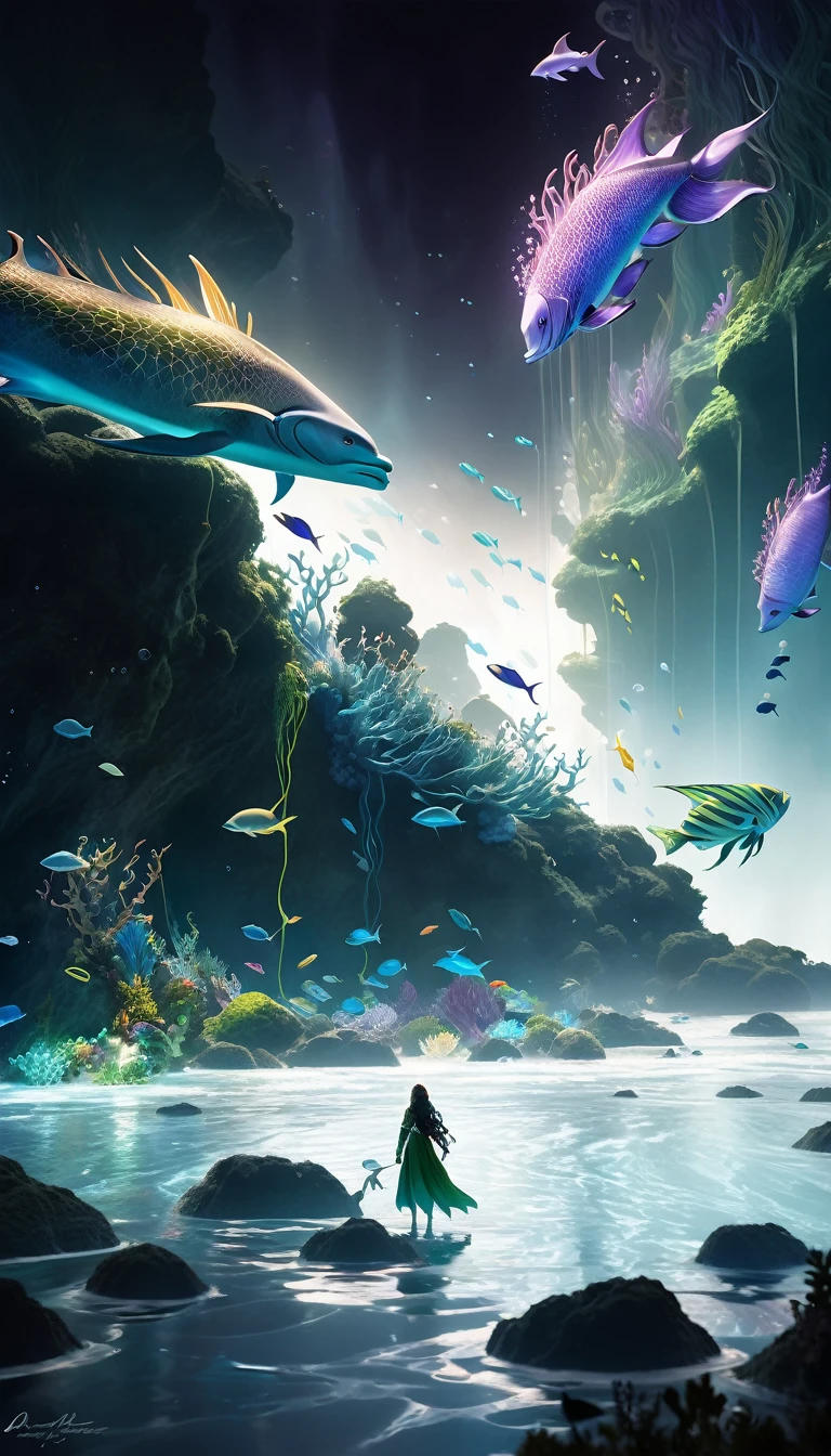 A captivating 3D digital masterwork of a fantastic aquatic world, in which an enormous ocean spirit, a kind of Neptune god with a vaporous body, dominates the scene. The spirit, covered in water and adorned with intricate details that enhance its ethereal figure, exudes mysticism, capturing the attention of a seductive full-length elf with wavy hair and elf ears. The two figures are surrounded by a lush, vibrant environment filled with sea creatures of various sizes and a dreamlike, otherworldly atmosphere. The vivid colors of green, blue and purple create an enchanting and surreal underwater environment., cinematic, painting, dark fantasy, conceptual art