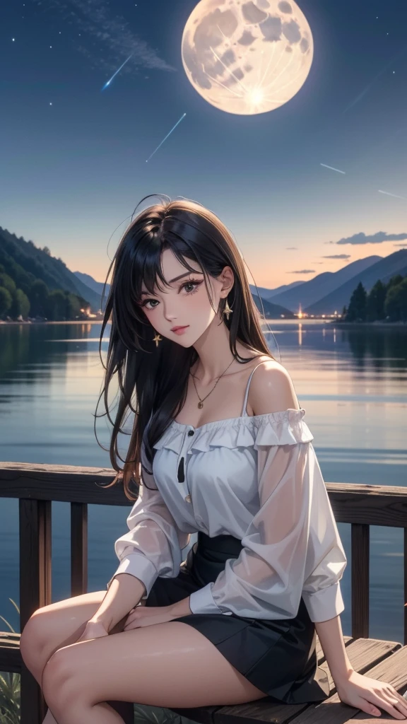 “A glamorous long-haired woman with black hair sits on a chair by the lakeside, gazing at the full moon shining directly above the lake. She is wearing an off-shoulder shirt and a mini skirt. The high-resolution image captures the night sky with clouds, and the moonlight illuminates the woman.”