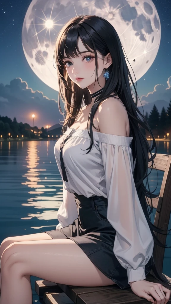 “A glamorous long-haired woman with black hair sits on a chair by the lakeside, gazing at the full moon shining directly above the lake. She is wearing an off-shoulder shirt and a mini skirt. The high-resolution image captures the night sky with clouds, and the moonlight illuminates the woman.”