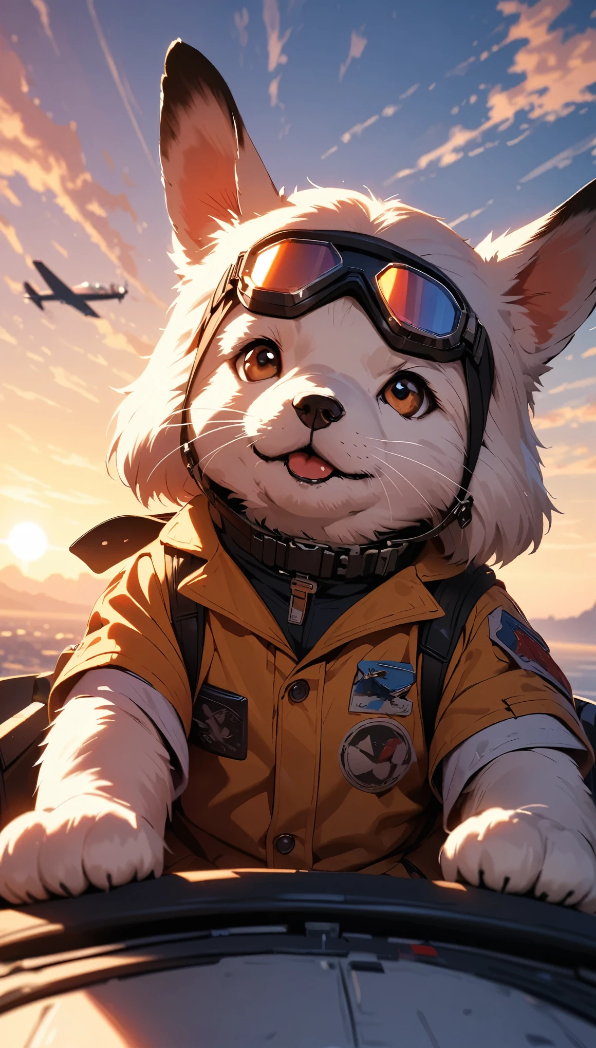 1 puppy:1.1, (((Puppy flying a plane, Wear goggles))), fantasy art pieces, Control Stick, Detailed cockpit, Bouncing gauge needles, Sky background, Gentle light, Light and shadow with attention to detail, Background Blur, (Highest quality:1.2, 4K, 8k, Very detailed, Attention to detail, masterpiece:1.2, Best aesthetics),