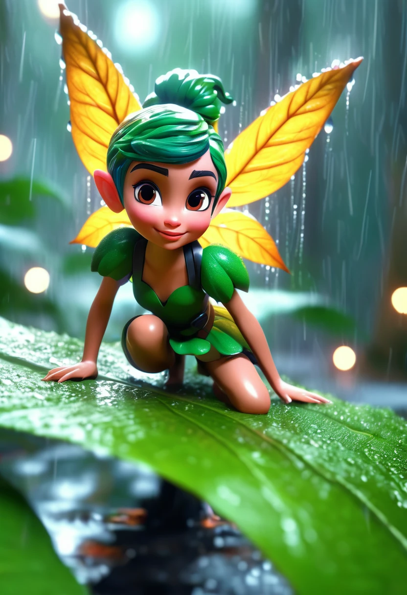 pixie girl on a leaf in the rain the forest and the world of adventure, photo realism, 8k resolution,