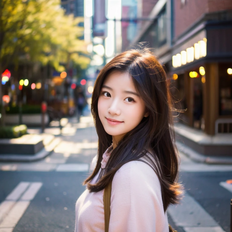 In the downtown area、A beautiful woman in light clothing is gazing shyly at me.。She is about 20 years old、Generate high quality, lifelike images。