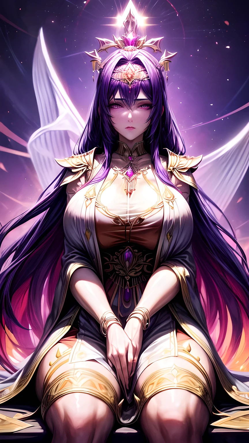 Immortal Goddess, Super cute, 8K, Super big breasts, meditation, Light white cloth covering part of the body, Sit cross-legged, círculo magic dourado brilhante girando atrás dela, magic violet aura surrounding her parts, magic, fantasy, Galaxy Background, (4 Elements, fire, water, wind, Earth, surrounding him),