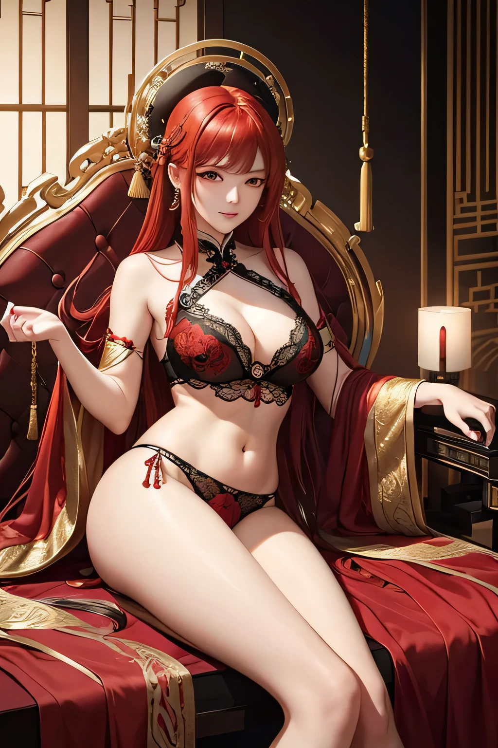 Create an image of Yang Guifei, the famous Chinese imperial consort, in an intimate and sensual setting. She should be depicted in elegant and luxurious traditional Chinese undergarments, featuring intricate silk designs with delicate lace and embroidery. Her long black hair flows gracefully, contrasting with the soft fabric of her attire. Yang Guifei is reclining on a sumptuous chaise lounge, surrounded by opulent elements such as silk drapes, ornate screens, and delicate flower arrangements. The background should evoke a sense of serene luxury, with soft, warm lighting that enhances her beauty and creates an intimate atmosphere.(((Red hair)))、(((In underwear)))、(((Leg spread)))