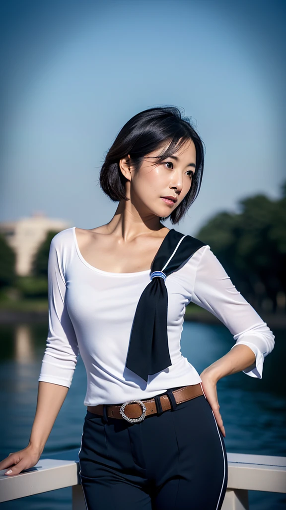 ((Highest quality)), ((masterpiece)), (detailed), Ultra cinematic, Blue hour, Ultimate ultra Photorealistic, ultimate high-quality 32k Leica M5 photo, A cowboy shot photo, a42yo ultimate beautiful & elegant Motherhood Japanese actress, looking at viewer, very embarrassed, much blush:1.9, 168cm,65kg,(She has a very intelligent and ultimate exquisite beautiful Japanese face&black eyes, pointy nose, ultra detailed face, ultimate exquisite nice-proportioned body and Décolletage and hips , black elegant&cute short bob:1.2), (a simple very just fit plane white tーshirts drenched in sweat and short pants)