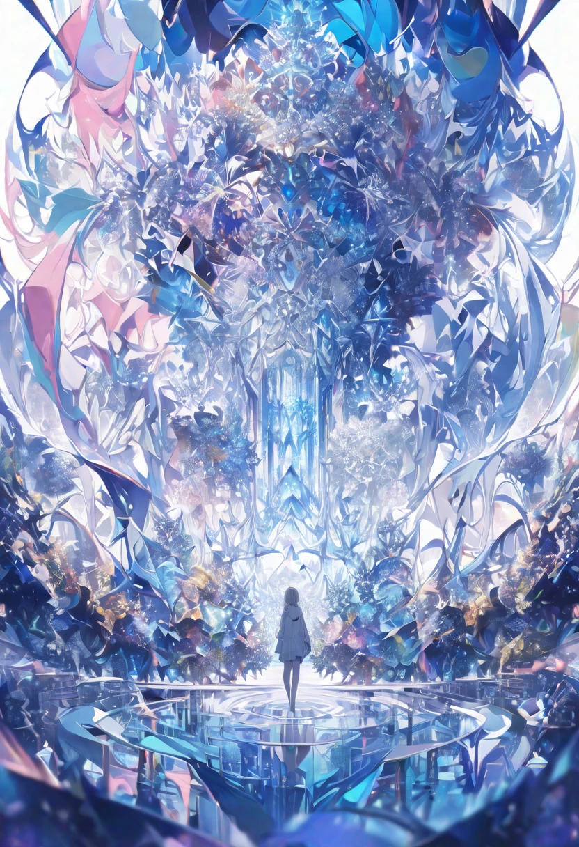 Tai Chi diagram、((masterpiece)), (anime:1.3), ((Highest quality)), (Abstract art:1.5), (High resolution), (pale colour), Wide Shot, (Fractal structure:1.5), (Simple white background:1.6), landscape, (beautiful), (Biological atmosphere), deep sea, (pretty girl),  beautiful白い髪, (Are crying), transparent　Glass　ice　mirror　Blue rose　crystal
