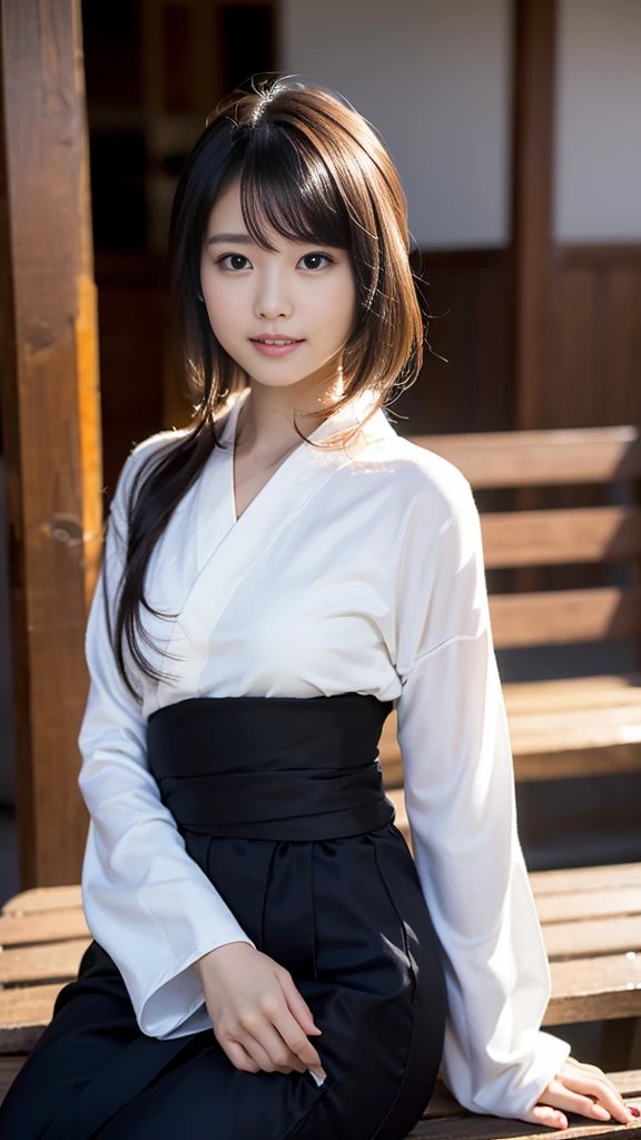 masterpiece, Highest quality,16K, Ultra-high resolution,The light and shadow of reality,Cinema Lenses,((Very skinny))、((Her waist is so slim and beautiful)),((High nose、Small Mouth)),((Clean and slim face line)),((Big dark eyes with long eyelashes)),((Very small face))((Very slim and beautiful arms)),((She is very slim and has a great figure)),((Pure white beautiful skin)),((Cute Japanese Girls)),(((Wearing a black long-sleeved yukata))),((Sitting on a bench in a stylish cafe)),(Sexy pose),(Beautiful Eyes:1.1),Reflecting clear eyes and a gentle smile,