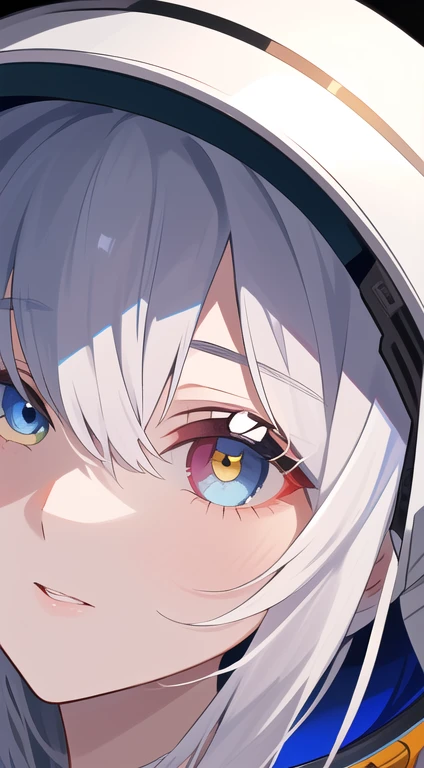 (A close-up of a masterpiece:1.5)0.9], (Space and astronauts:1.2) (Disheveled silver hair:1.1) (Heterochromia yellow eyes and blue eyes:1.2) (Space Helmet:1.0) (Colored stars in my eyes:1.0) (Shining Light:1.1) (Big Lips:0.9)