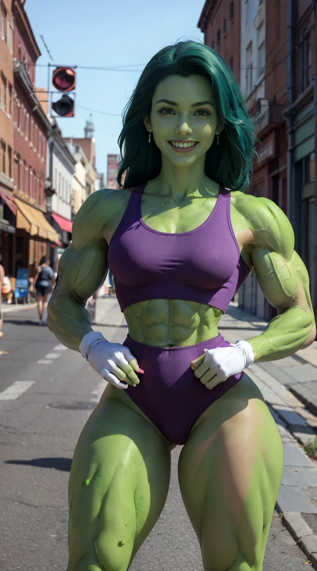 (Muscular:2.2), (thick thighs:2.2),
(CARTOON_shehulks_bodysuit_ownwaifu:1.5), (green skin:1.8), (green hair), (big smile:1.5),
stud earrings, lipstick, eyeshadow,
hard nipples,
(purple crop top, shorts, white gloves, midriff),
looking at viewer, three quarter view, (upper body view),
rim lighting, two tone lighting, dim lighting, soft lighting, bokeh, detailed skin, detailed eyes