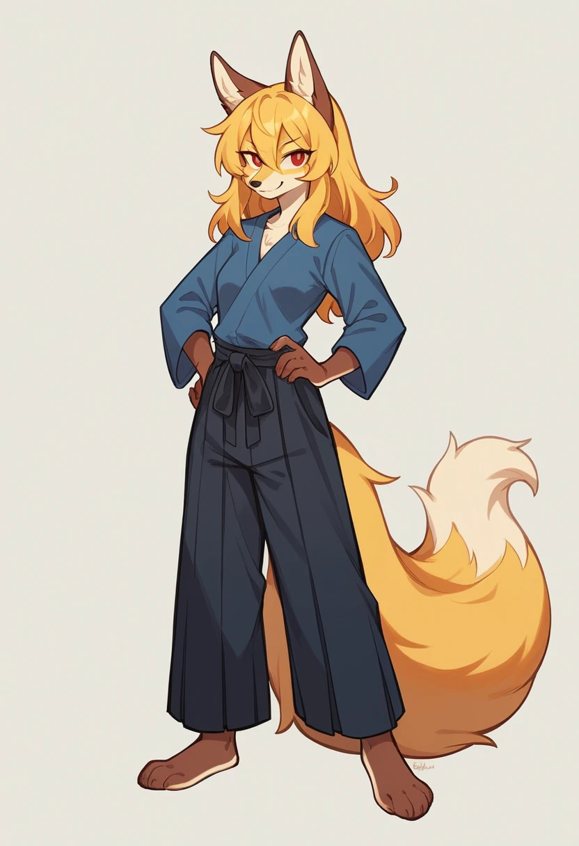 (full body,,The left hand is on the hip),((The right hand is out in front,)),smile,small breasts,Adult female fox, Furry, Golden fur, Golden facial fur, long golden hair, The hair on his hands is golden, Golden yellow hair on the back of the hand, Light-filled eyes, Red eyes, Brown elements of fur,A plain dark blue outfit,Black Hakama,Very fine fur, Fluffy tail,