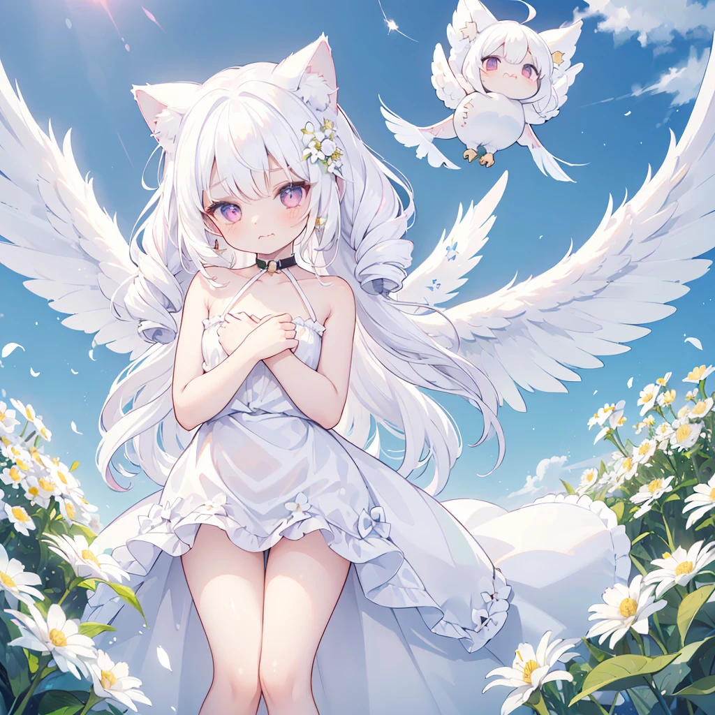 ((One girl)), (Standing diagonally facing forward:1.2), (Slightly bulging chest), (Slightly healthy tanned skin on face), (reddish-purple eyes, (mouth open with joy:1.5)
BREAK
(White cat ears:1.2), Inside the cat ears is paw-colored,
BREAK
(Pure white hair:1.6), (Softly curled pure white hair:1.6), (The hair under the cat ears behind the side hair flows forward and curls strongly on the collarbone:1.6), (Other hair is devided into several strands:1.6), (divided into several drill hair:1.6), (Hair weighs on her shoulders:1.6), (mideum length hair press down on her shoulders:1.6),
BREAK
(Pure white wings on upper body:1.2), (straight wings:1.3), (wings are small and short like a  bird:2.0), 
BREAK
(simple dress made entirely of white:1.5), (dress with slightly exposed shoulders:1.1), (waist tied with string:1.3), (plenty of gathers below the waist:1.4), (dress reaches the knees:1.6), petticoat is white or absent,
BREAK
(wide green grassland:1.6), (lots of white flowers:1.6), (wide clear blue sky:1.4)