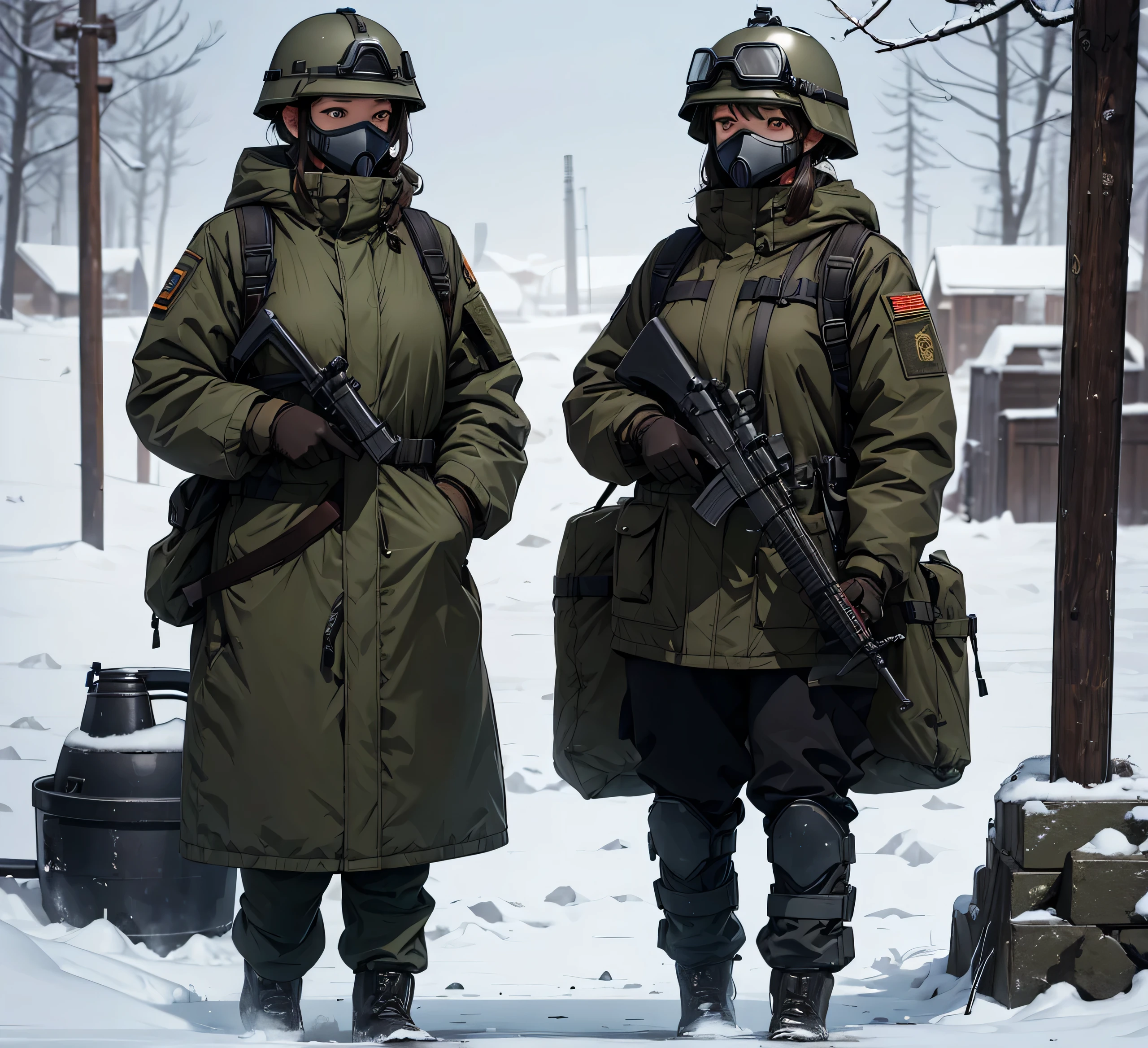Three female soldiers all wearing dark brown thick coats、Wear a steel helmet、Gas Mask、Goggles、Standing guard with gun、Snow Camp、masterpiece、best quality、Highly detailed CG、8K picture quality