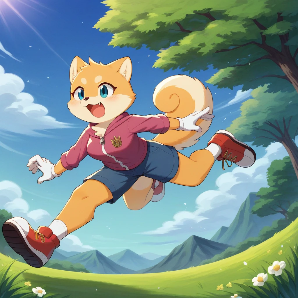 ((Masterpiece)), ((Best Quality)), (Very Detailed), ((Very Detailed)), 4K, (8K), very aesthetic, absurdres highres, 1 girl, (anthropomorphic shiba dog, furry, kemono:1.5), A sunny meadow with a blue sky. A dog is running as fast as it can in the vast grassland. The dog's body is completely stretched out, its front and back legs floating in the air, giving the impression that it is flying. In a single moment of cropping, the dog's fur fluttering in the wind and the grass swaying softly create an atmosphere of freedom and vibrancy.