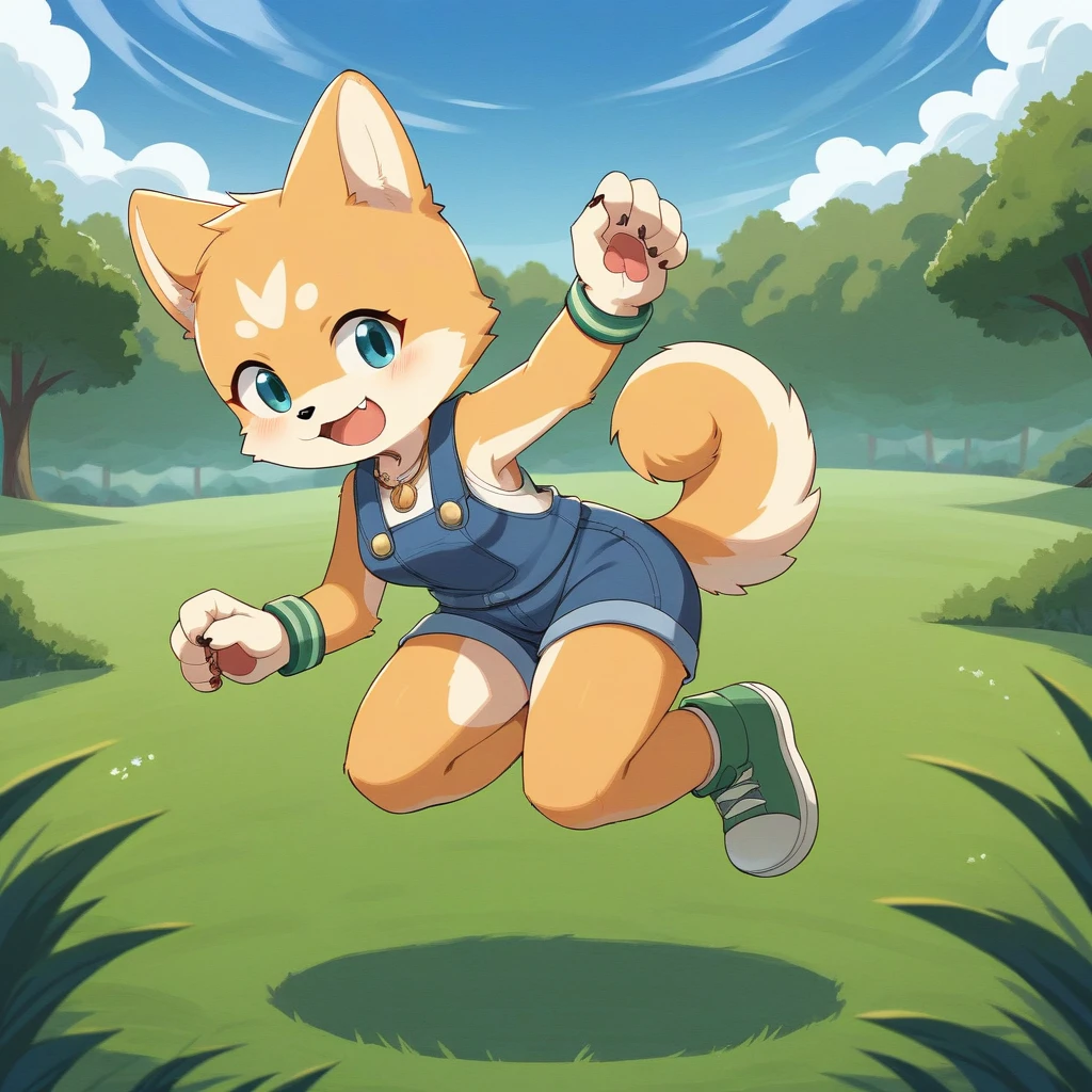 ((Masterpiece)), ((Best Quality)), (Very Detailed), ((Very Detailed)), 4K, (8K), very aesthetic, absurdres highres, 1 girl, (anthropomorphic shiba dog, furry, kemono:1.5), A sunny meadow with a blue sky. A dog is running as fast as it can in the vast grassland. The dog's body is completely stretched out, its front and back legs floating in the air, giving the impression that it is flying. In a single moment of cropping, the dog's fur fluttering in the wind and the grass swaying softly create an atmosphere of freedom and vibrancy.